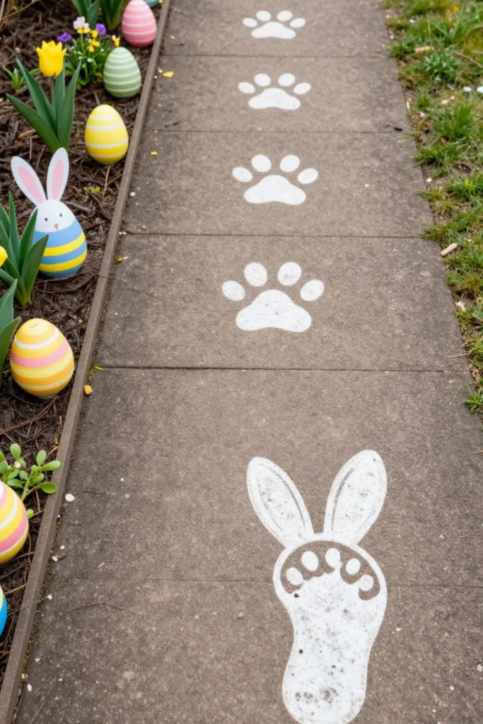 Osterdeko für kleine Gärten mit Hasenspuren und bunten Ostereiern entlang eines Gartenwegs