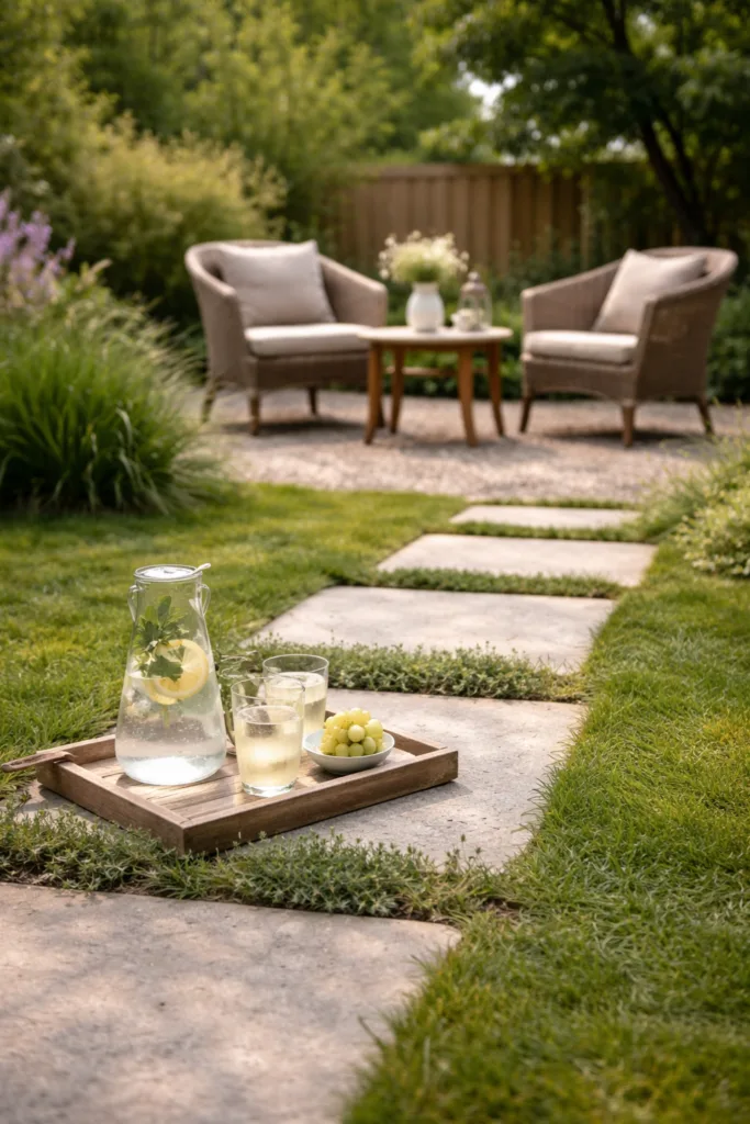 Großen Garten günstig gestalten mit Kiesweg, Trittplatten und kleiner Sitzfläche im Hintergrund