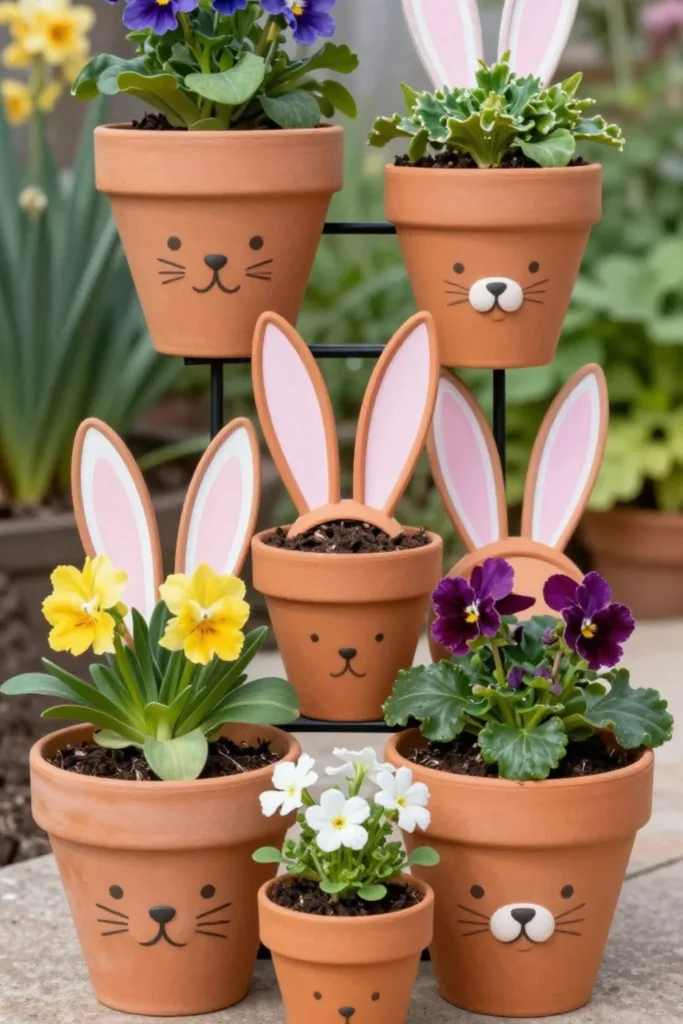 Osterdeko für kleine Gärten mit bemalten Blumentöpfen und Frühlingsblumen