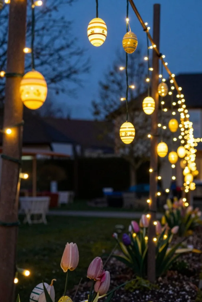 Osterdeko für kleine Gärten mit Lichterkette und leuchtenden Ostereiern im Garten