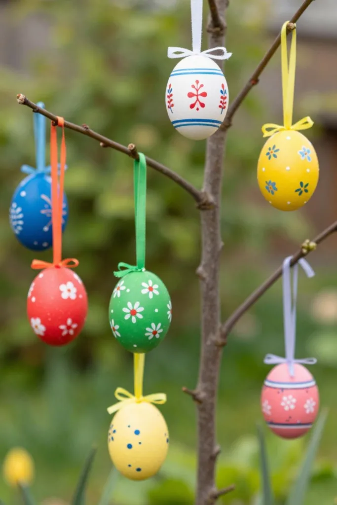 Osterdeko für kleine Gärten mit Osterbaum und bunten Ostereiern an Zweigen