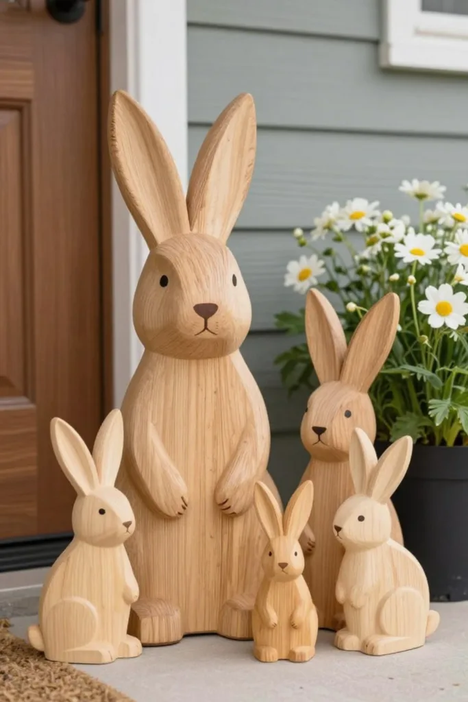 Holzhasen als natürliche Osterdeko für den Hauseingang neben Haustür mit Frühlingsblumen