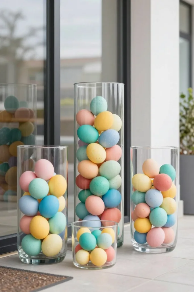 Glasvasen mit bunten Ostereiern als moderne Osterdeko für den Hauseingang