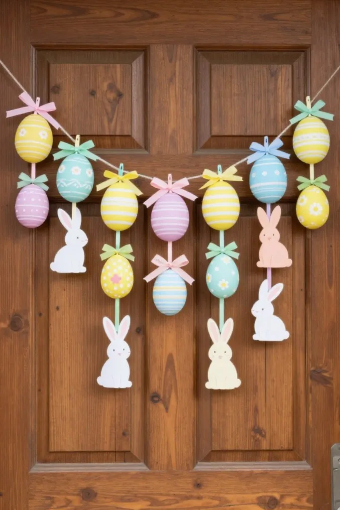 Ostergirlande mit bunten Eiern und Hasen als Osterdeko für den Hauseingang an der Haustür