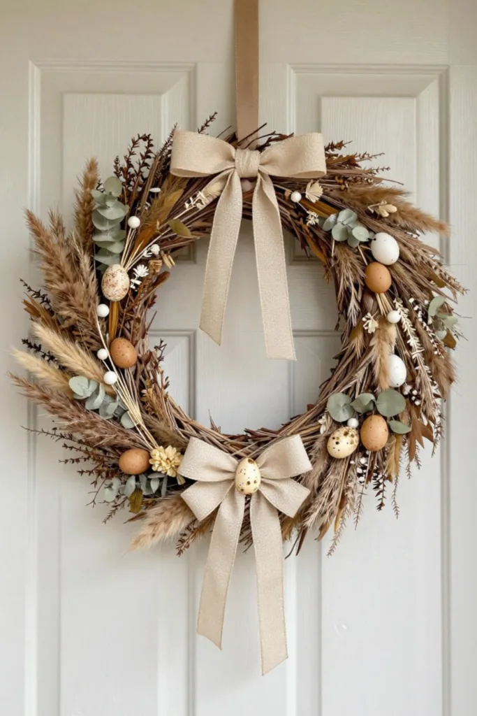 Osterkranz aus Zweigen, Trockenblumen und Eiern als natürliche Osterdeko für den Hauseingang