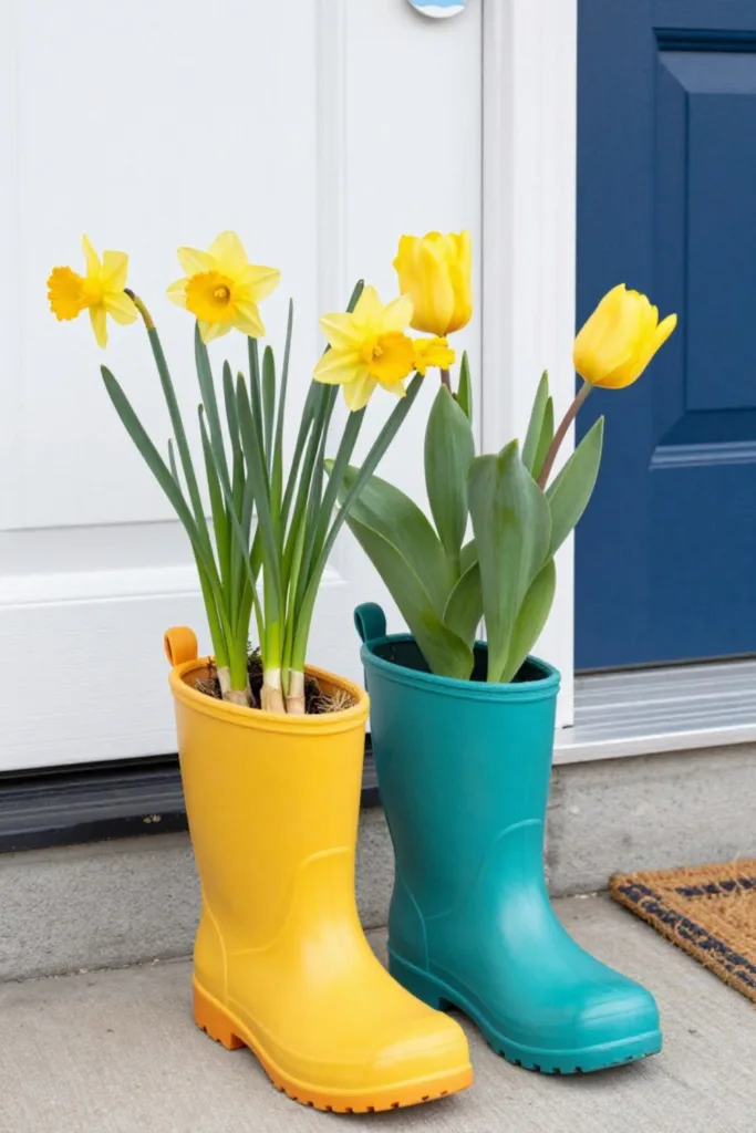 Narzissen und Tulpen in bunten Gummistiefeln als kreative Osterdeko für den Hauseingang