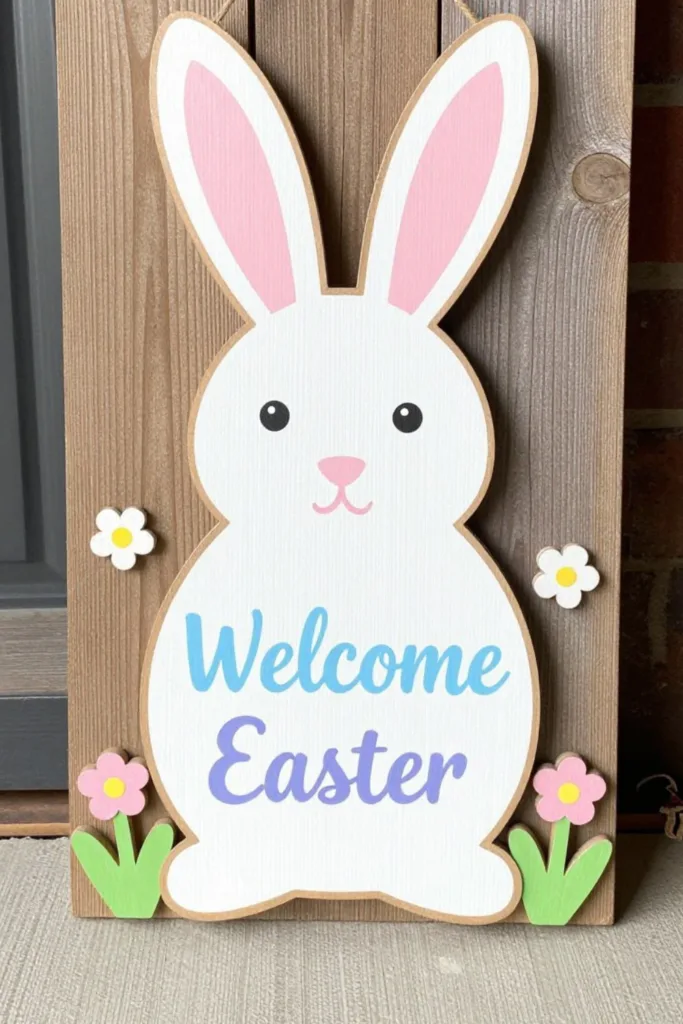 Holzschild mit Osterhase und Welcome Easter Schrift als Osterdeko für den Hauseingang