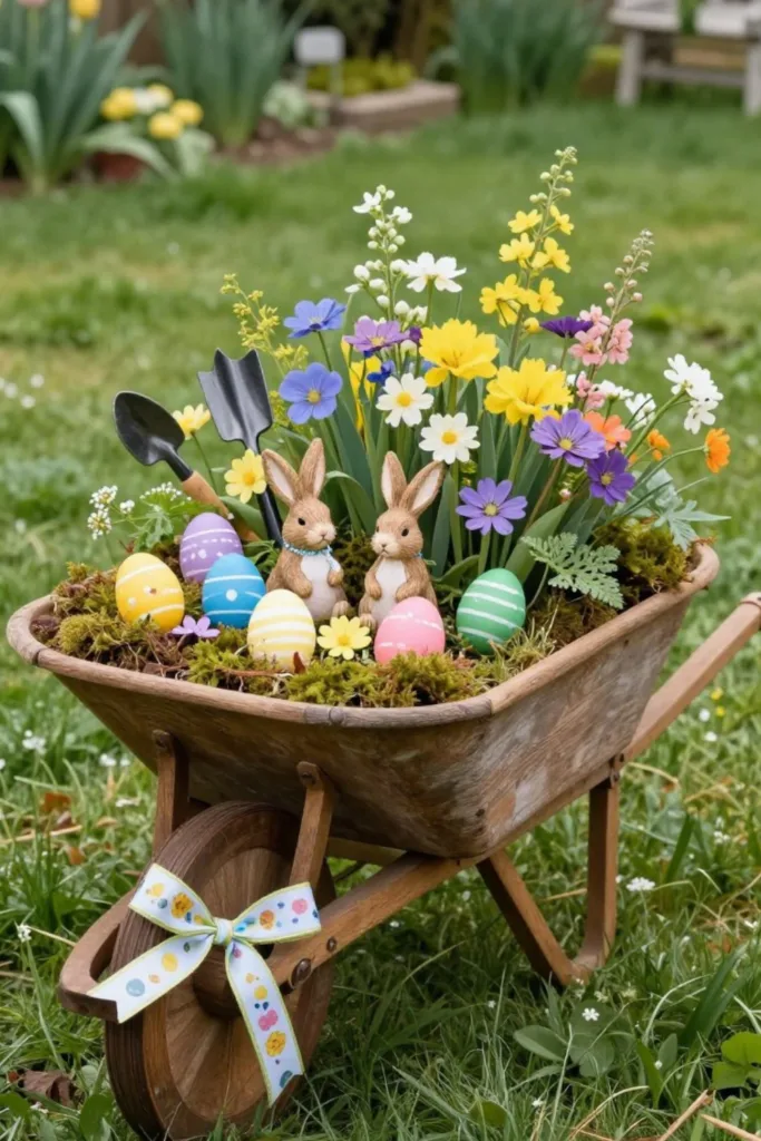 So dekorierst du deinen großen Garten wunderschön zu Ostern (6 Ideen) Osterdeko im großen Garten mit bepflanzter Schubkarre, Frühblühern, Ostereiern und Hasenfiguren im Garten