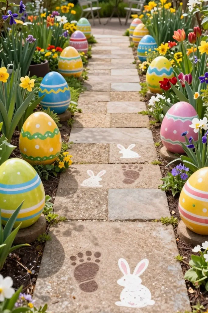 So dekorierst du deinen großen Garten wunderschön zu Ostern (6 Ideen) Osterdeko im großen Garten mit bunten Ostereiern entlang eines Gartenwegs zwischen Tulpen und Narzissen