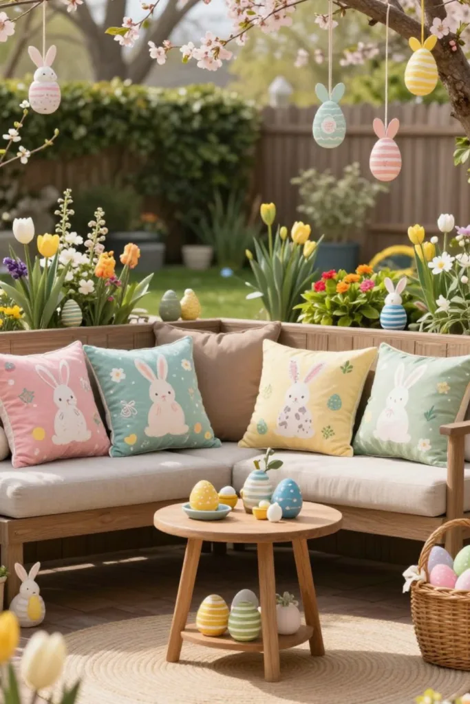 So dekorierst du deinen großen Garten wunderschön zu Ostern (6 Ideen) Osterdeko im großen Garten auf der Terrasse mit Hasenkissen, Ostereiern und Frühlingsblumen