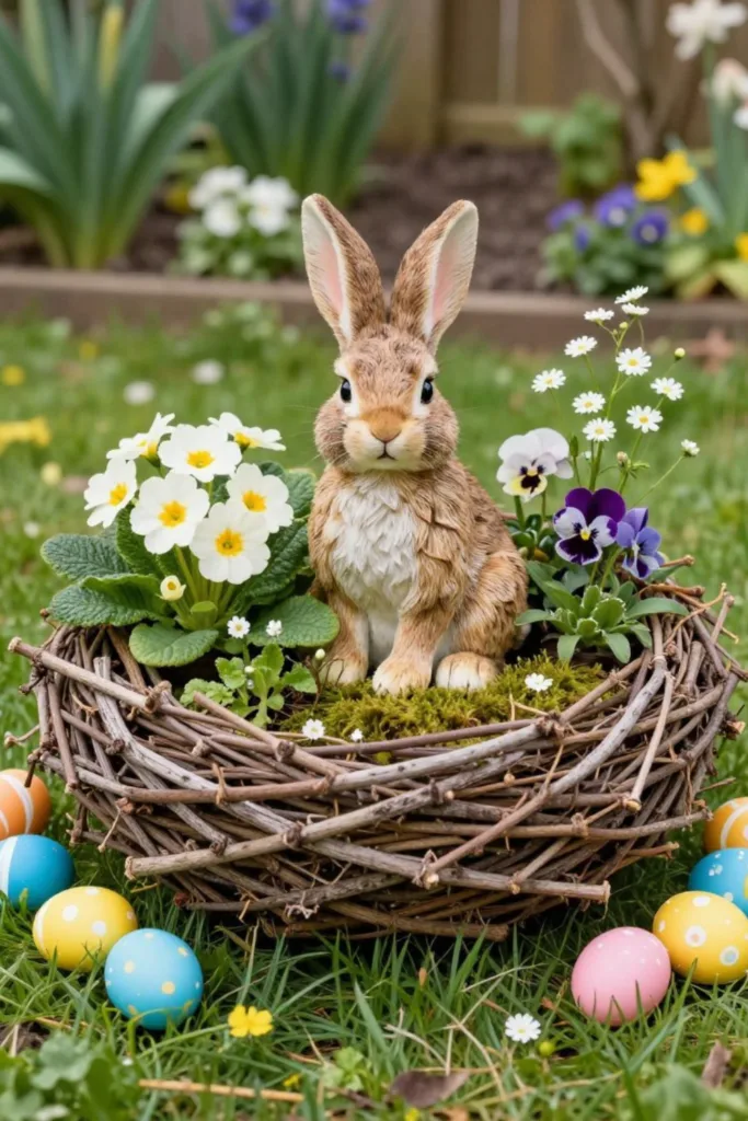 So dekorierst du deinen großen Garten wunderschön zu Ostern (6 Ideen) Osterdeko im großen Garten mit Hasenfigur im Nest aus Zweigen und Frühblühern im Gartenbeet