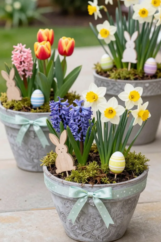 So dekorierst du deinen großen Garten wunderschön zu Ostern (6 Ideen) Osterdeko im großen Garten mit Pflanzkübeln, Narzissen, Tulpen, Hyazinthen und kleinen Osterhasen