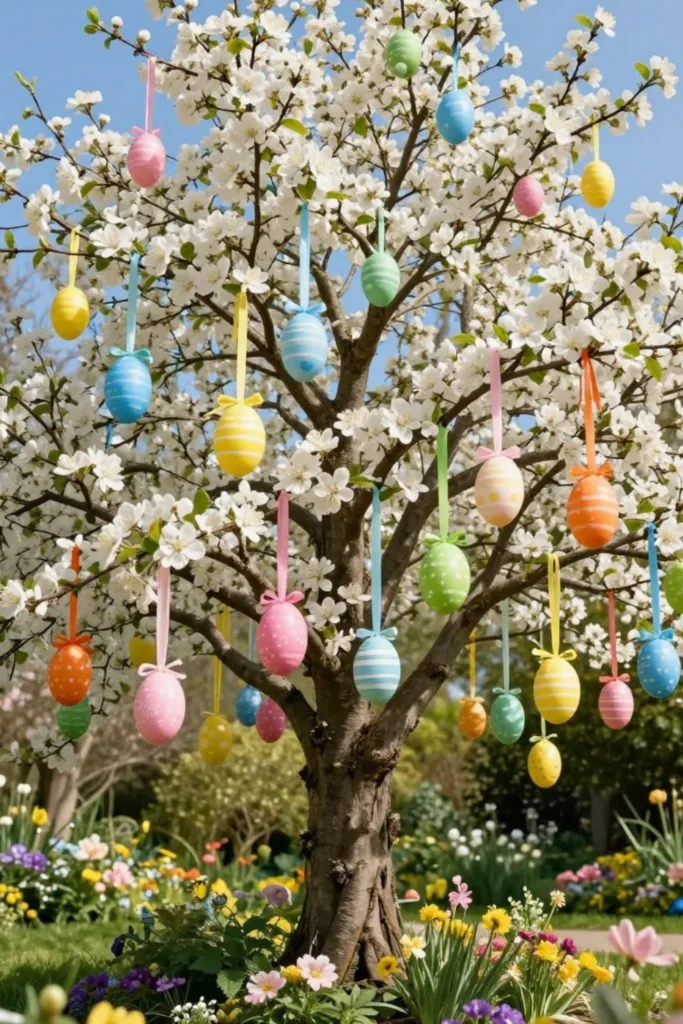 So dekorierst du deinen großen Garten wunderschön zu Ostern (6 Ideen) Osterdeko im großen Garten mit blühendem Baum und bunten Ostereiern als Osterbaum im Garten