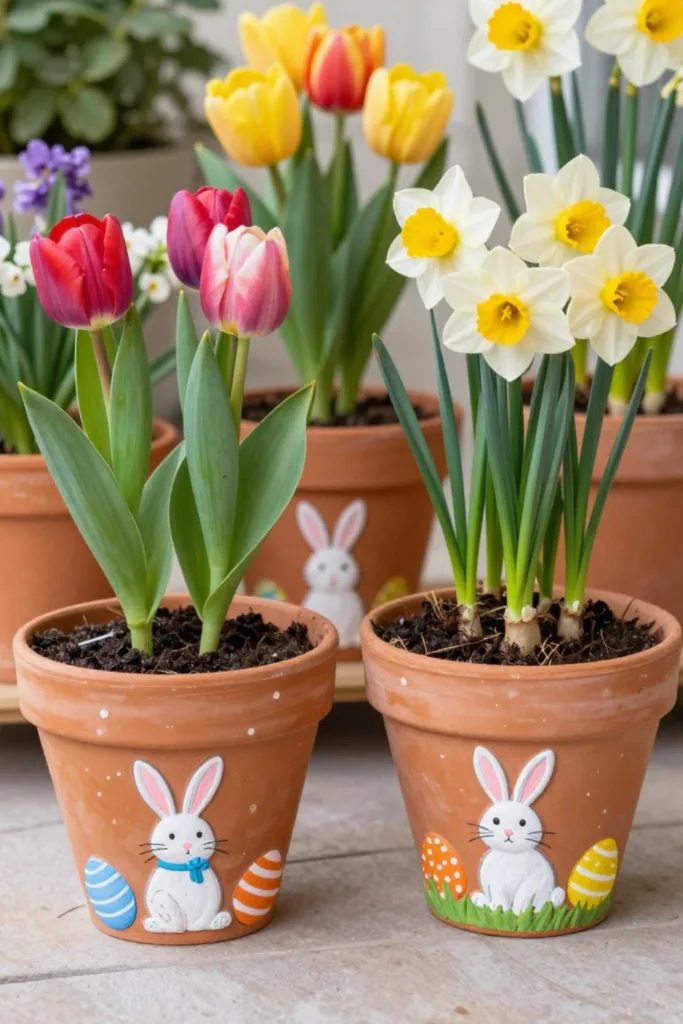 5 wunderschöne Osterdeko Ideen für deine Terrasse Osterdeko für die Terrasse mit Tulpen, Narzissen und bemalten Blumentöpfen