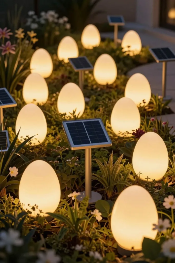 5 wunderschöne Osterdeko Ideen für deine Terrasse Osterdeko für die Terrasse mit leuchtenden Ostereiern und Solarlichtern im Frühlingsbeet