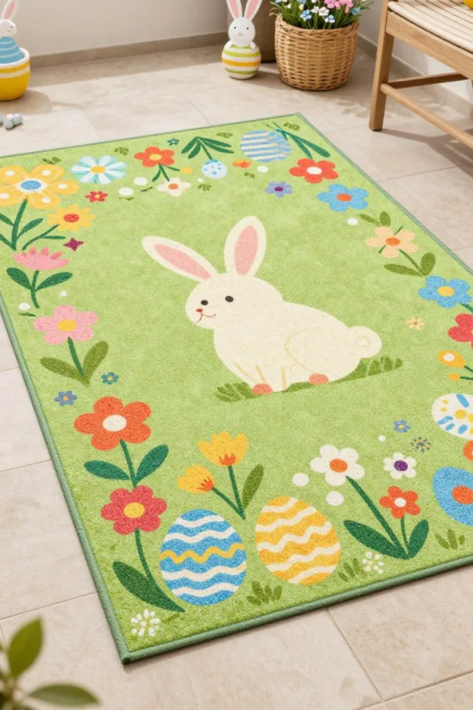 5 wunderschöne Osterdeko Ideen für deine Terrasse Osterdeko für die Terrasse mit Teppich, Osterhase und bunten Frühlingsmotiven