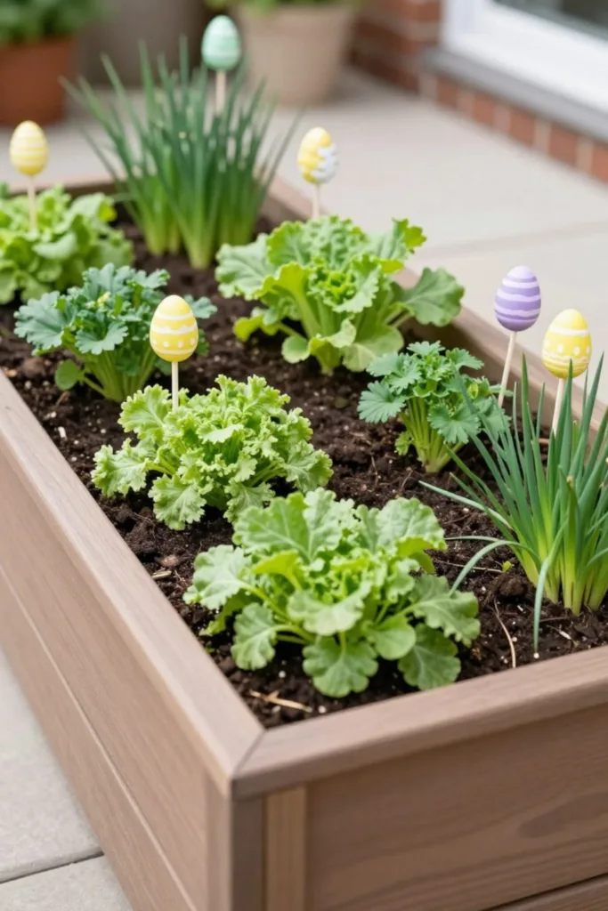 5 wunderschöne Osterdeko Ideen für deine Terrasse Osterdeko für die Terrasse im Hochbeet mit Kräutern und bunten Ostereiern