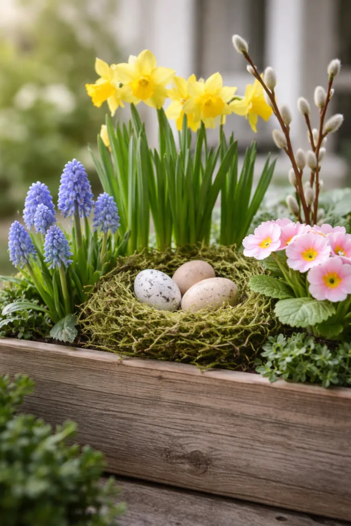 Osterdeko für den Blumenkasten mit Frühblühern, Moosnest und Ostereiern im Frühling
