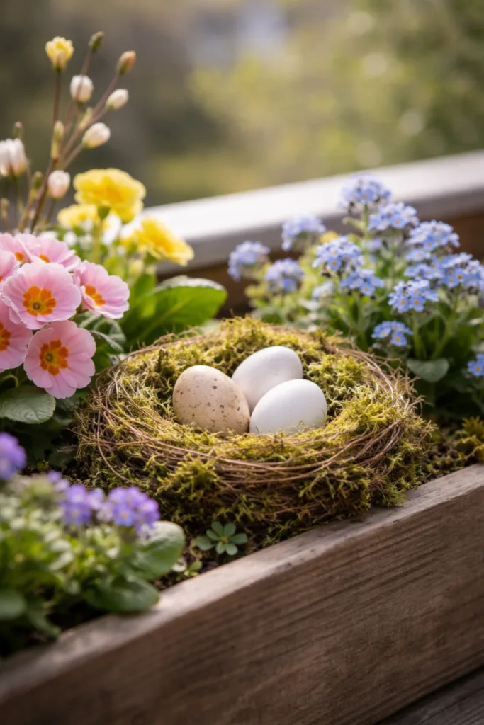 Osterdeko für den Blumenkasten mit Moosnest, Ostereiern und Frühblühern im Frühlingskasten
