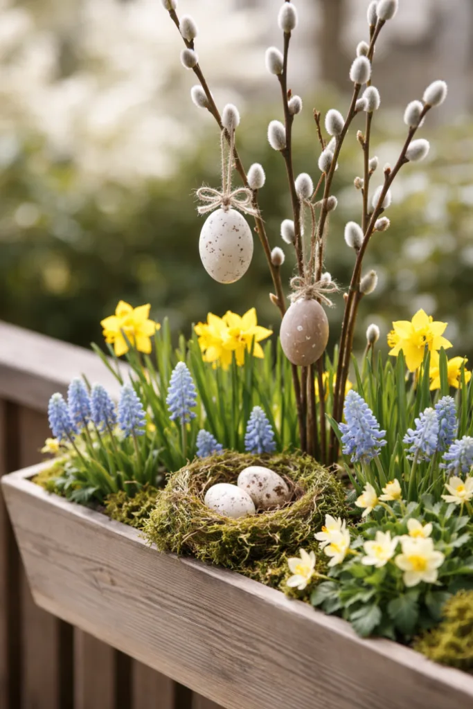 Osterdeko für den Blumenkasten mit Weidenzweigen, Narzissen und Ostereiern im Frühlingslicht