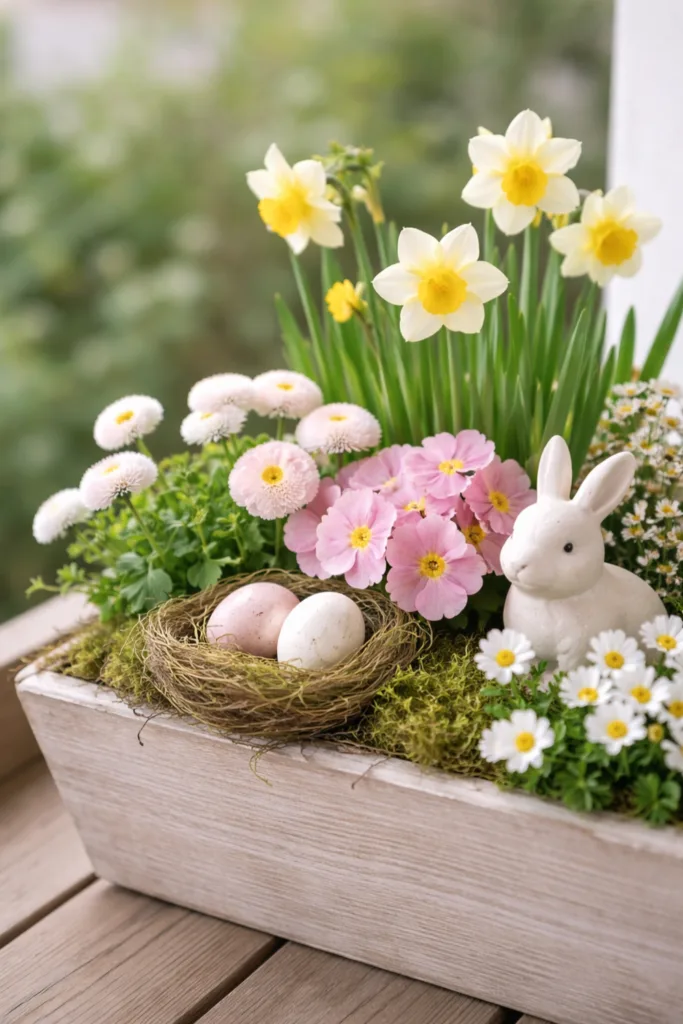 Osterdeko für den Blumenkasten mit Narzissen, Primeln, Nest und Keramikhase in Pastellfarben auf Balkon