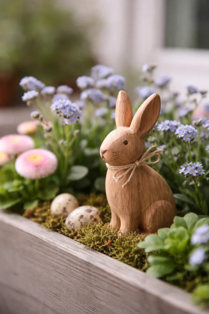 Osterdeko für den Blumenkasten mit Holzhasen, Moos, Eiern und Frühlingsblumen im Balkonkasten im Frühling