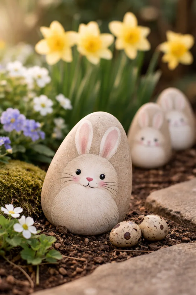 Osterhasen aus bemalten Gartensteinen als natürliche Osterdeko im Frühlingsbeet mit Narzissen und Blumen