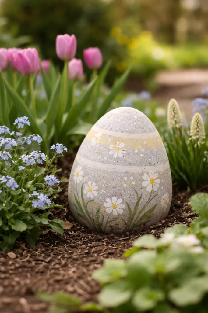 Großes Stein-Osterei im Beet zwischen Tulpen und Vergissmeinnicht als natürliche Osterdeko aus Stein im Garten