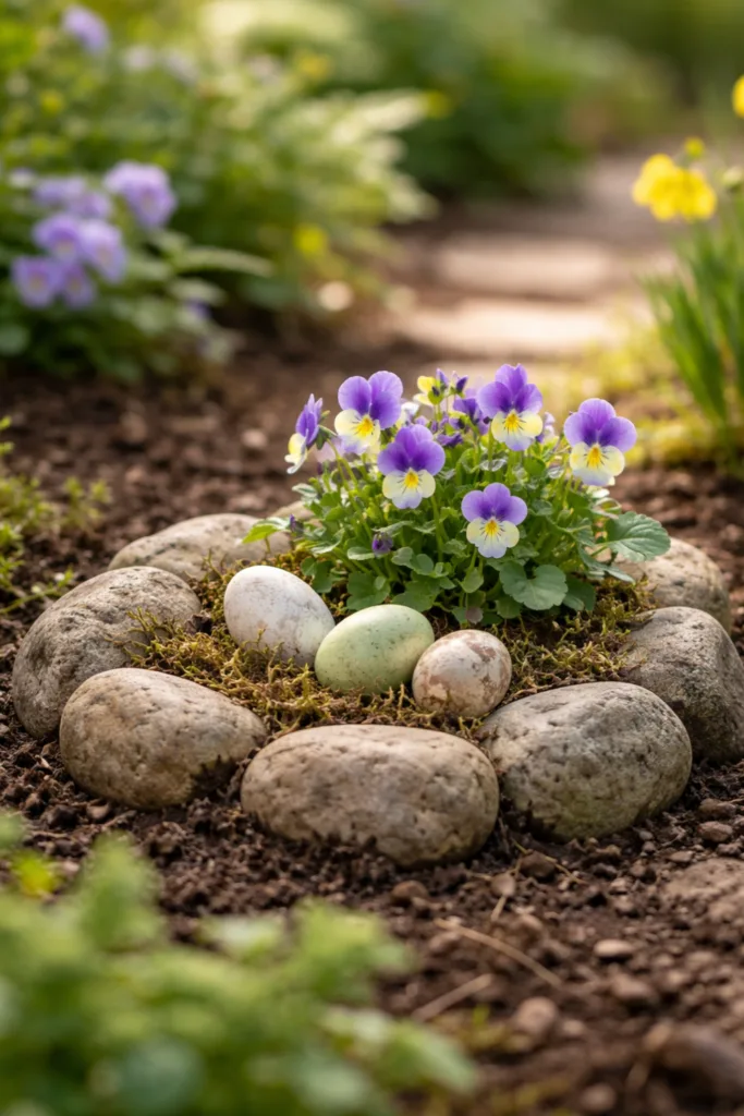 Osterdeko aus Steinen: kleines Steinnest mit Hornveilchen und Ostereiern im Frühlingsbeet im Garten