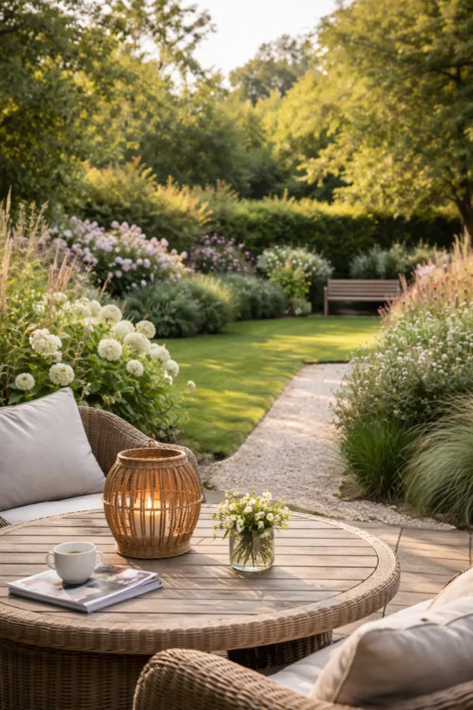 Großen Garten günstig gestalten mit Hecke, Rasenfläche und klarer Struktur im Hintergrund