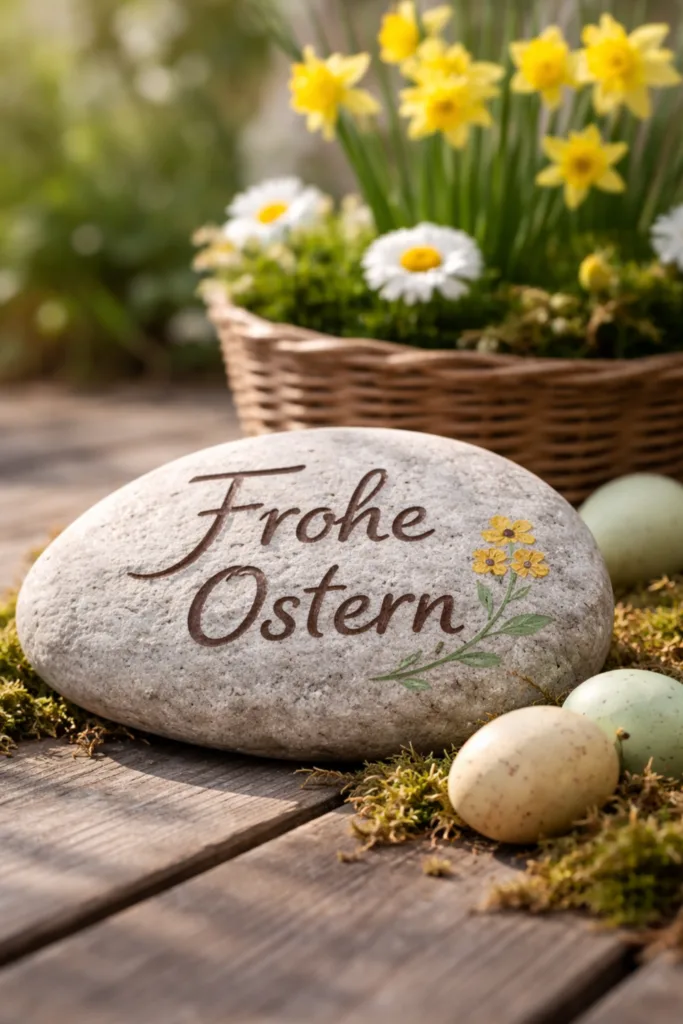 Flacher Stein mit Osterbotschaft als Osterdeko aus Steinen im Frühlingsgarten mit Narzissen und Ostereiern