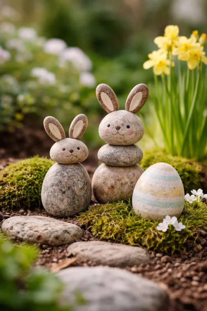 Steinfiguren als kleine Osterlandschaft im Garten mit Osterhasen aus Steinen und dekoriertem Stein-Osterei im Beet.
