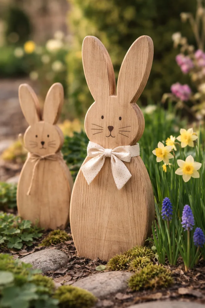 Diese 5 Holz-Osterdeko Ideen sehen im Garten richtig gut aus Osterdeko aus Holz: Zwei Holzhasen als ruhige Blickpunkte zwischen Narzissen im Frühlingsgarten