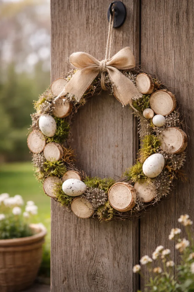 Diese 5 Holz-Osterdeko Ideen sehen im Garten richtig gut aus Osterkranz aus Holzscheiben mit Moos und Eiern als natürliche Osterdeko für Tür oder Gartenzaun
