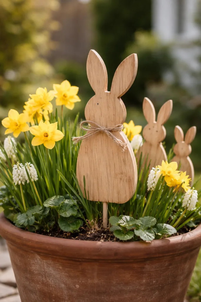 Diese 5 Holz-Osterdeko Ideen sehen im Garten richtig gut aus Holz-Osterstecker im Pflanzkübel mit Narzissen – natürliche Osterdeko aus Holz im Gartenbeet oder Kübel dekoriert.