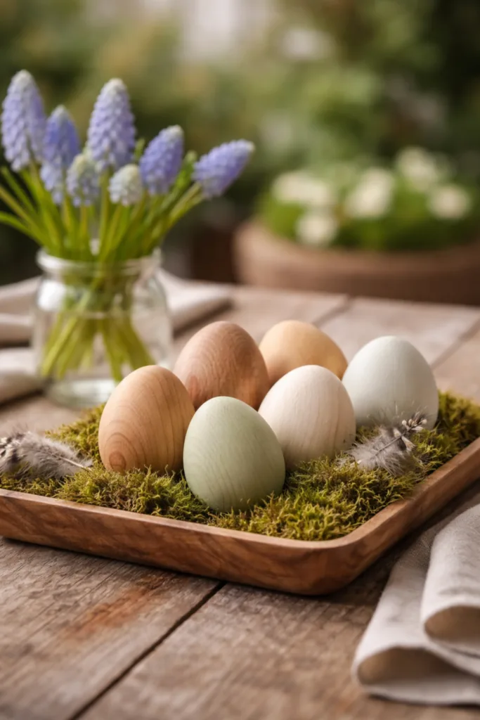 Diese 5 Holz-Osterdeko Ideen sehen im Garten richtig gut aus Osterdeko aus Holz mit Holzeiern auf Moos in Holzschale als natürliche Tisch- und Terrassendeko im Frühling