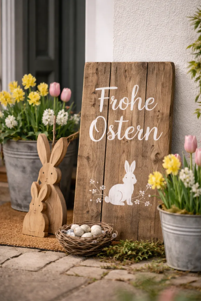 Diese 5 Holz-Osterdeko Ideen sehen im Garten richtig gut aus Osterdeko aus Holz: Holzschild mit Osterbotschaft am Hauseingang mit Frühlingsblumen und Holzhasen dekoriert