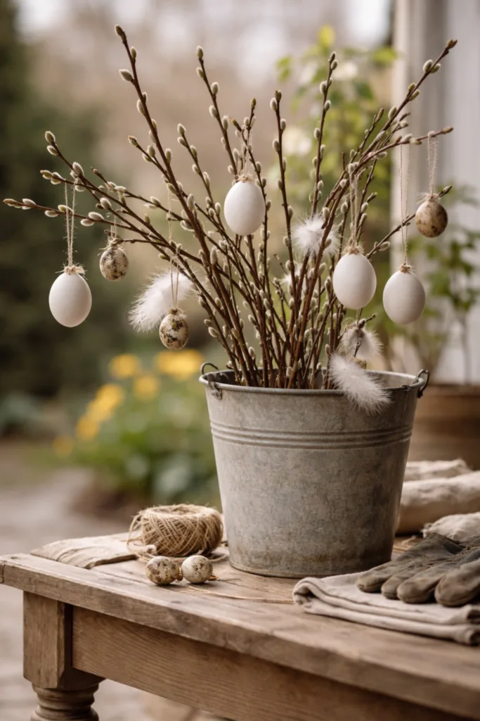 Osterzweige aus dem Garten dekoriert mit Eierschalen als 0 Euro Osterdeko im Garten