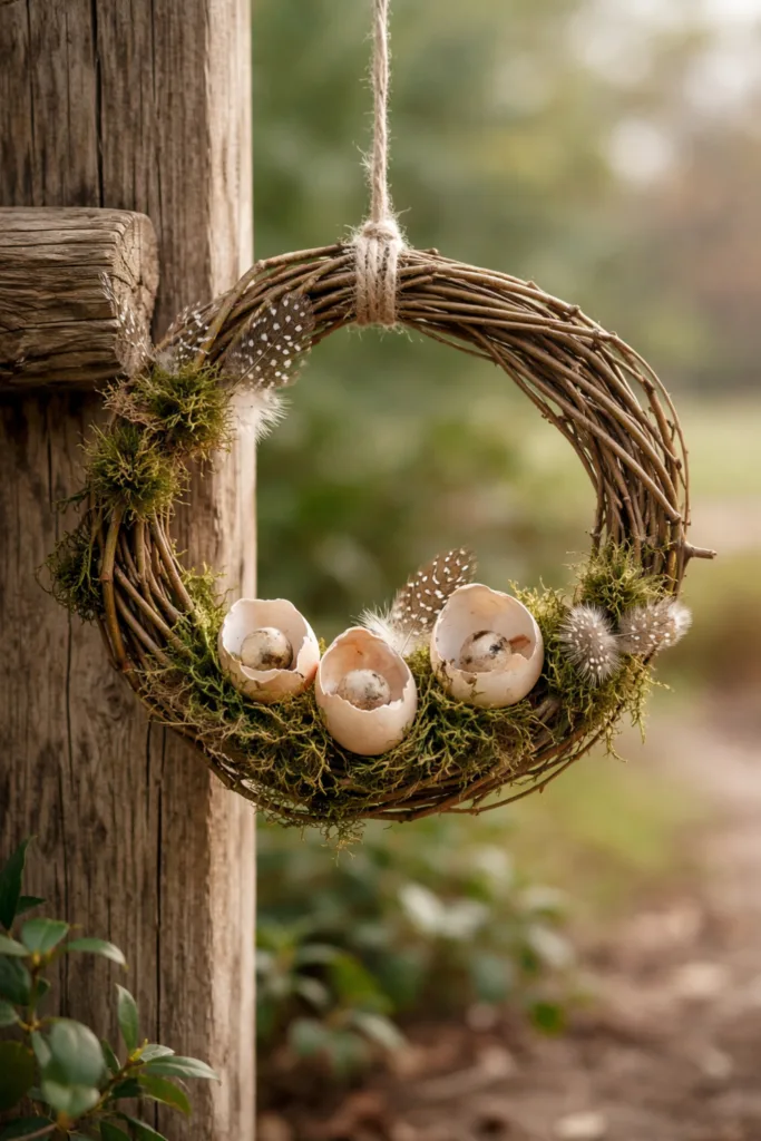 Naturkranz aus Zweigen, Moos und Eierschalen als Osterdeko im Garten aufgehängt