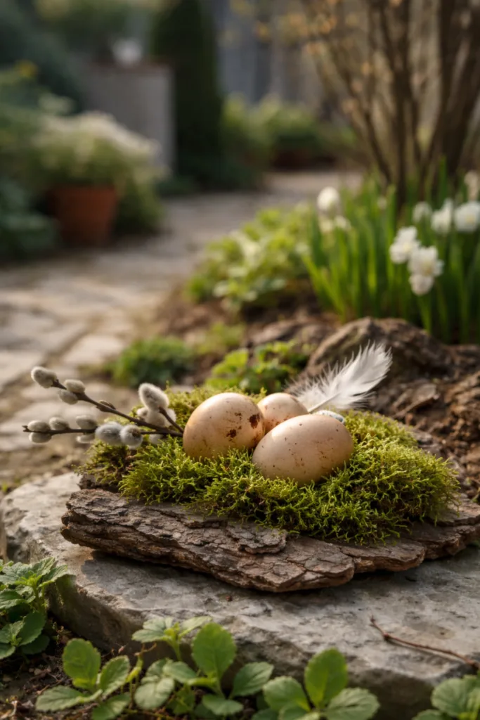 0 Euro Osterdeko im Garten mit ganzen Eiern, Moos und Zweigen als kleine Osterinsel im Beet gestaltet