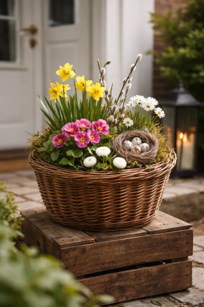 Ausgefallene Osterdeko Hauseingang mit bepflanztem Osterkorb, Narzissen und Frühlingsblumen vor Haustür dekoriert.
