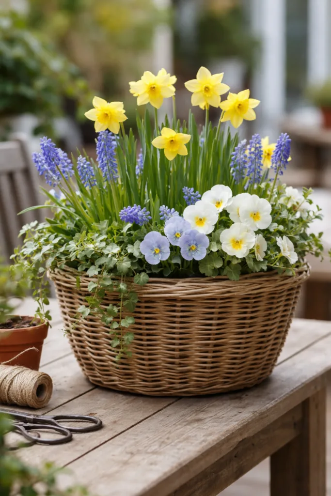 Gartenarbeiten im März - Diese 5 Aufgaben solltest du jetzt erledigen Frühjahrsbepflanzung bewusst kombinieren mit Narzissen und Stiefmütterchen im Weidenkorb auf Holztisch