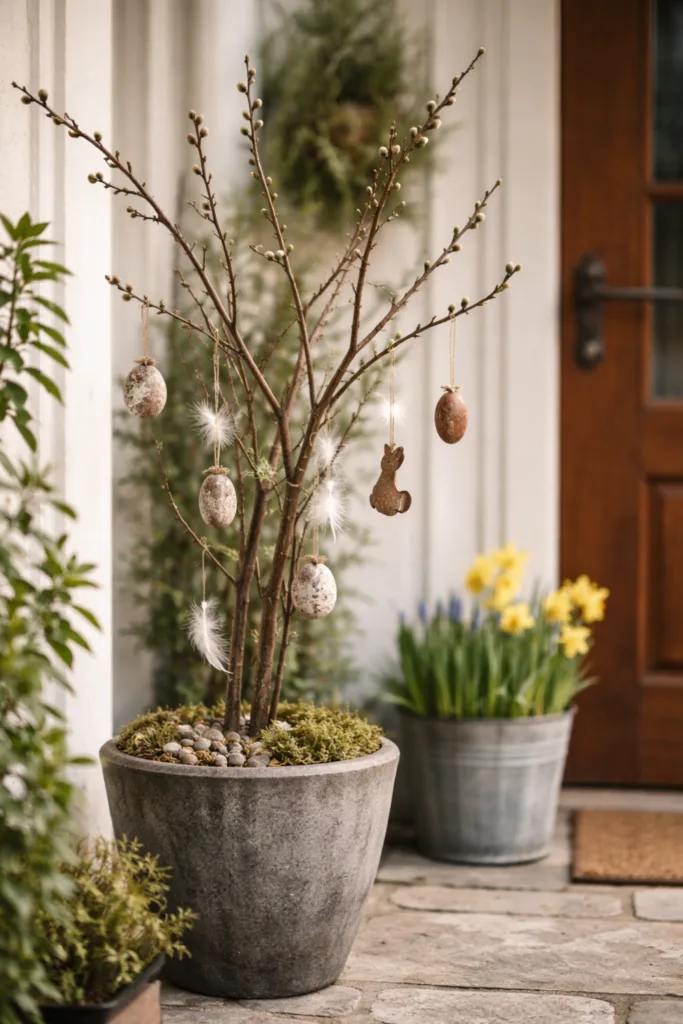 Großer Osterzweig im Kübel als vertikale Osterdeko am Hauseingang mit Eiern und Federn dekoriert