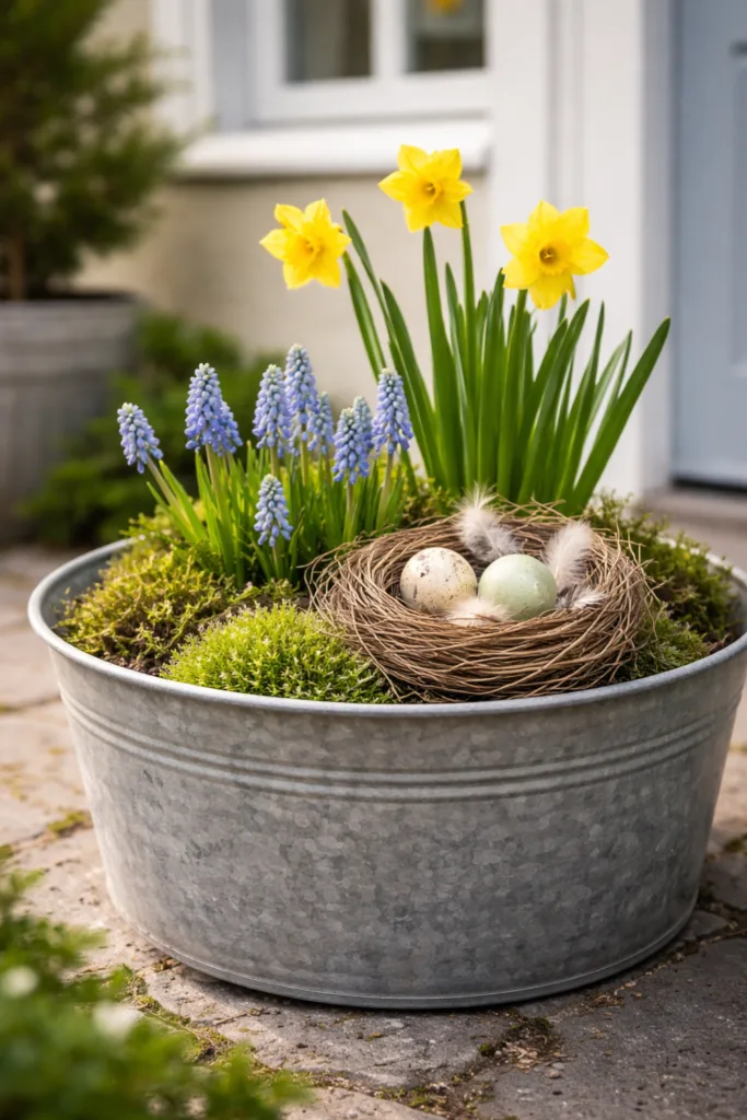 Ausgefallene Osterdeko am Hauseingang mit Pflanzkübel, Narzissen, Moos und Osternest im Eingangsbereich.