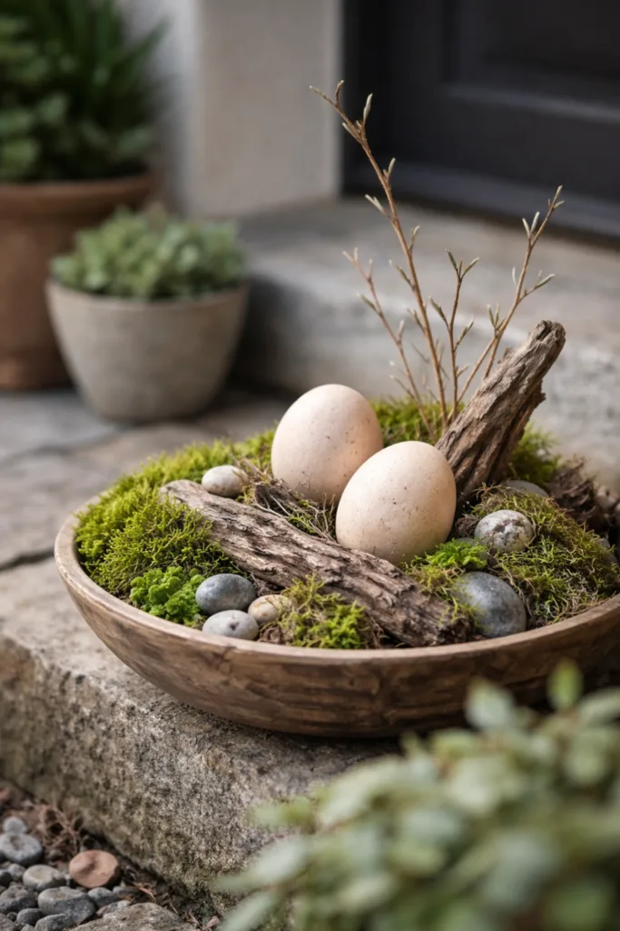 Ausgefallene Osterdeko Hauseingang mit Moos, Holz, Steinen und Ostereiern in Holzschale vor Haustür