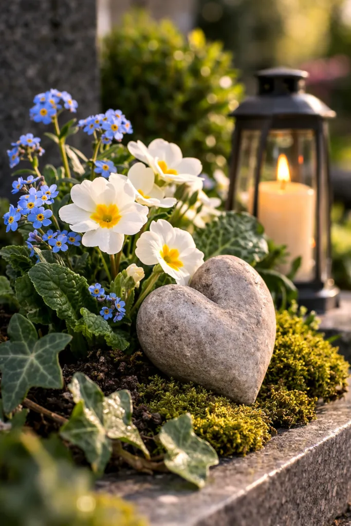 Grabgestecke Frühling mit Herzstein, Primeln und Vergissmeinnicht als symbolisches Grabgesteck im Frühling auf Grab gestaltet.