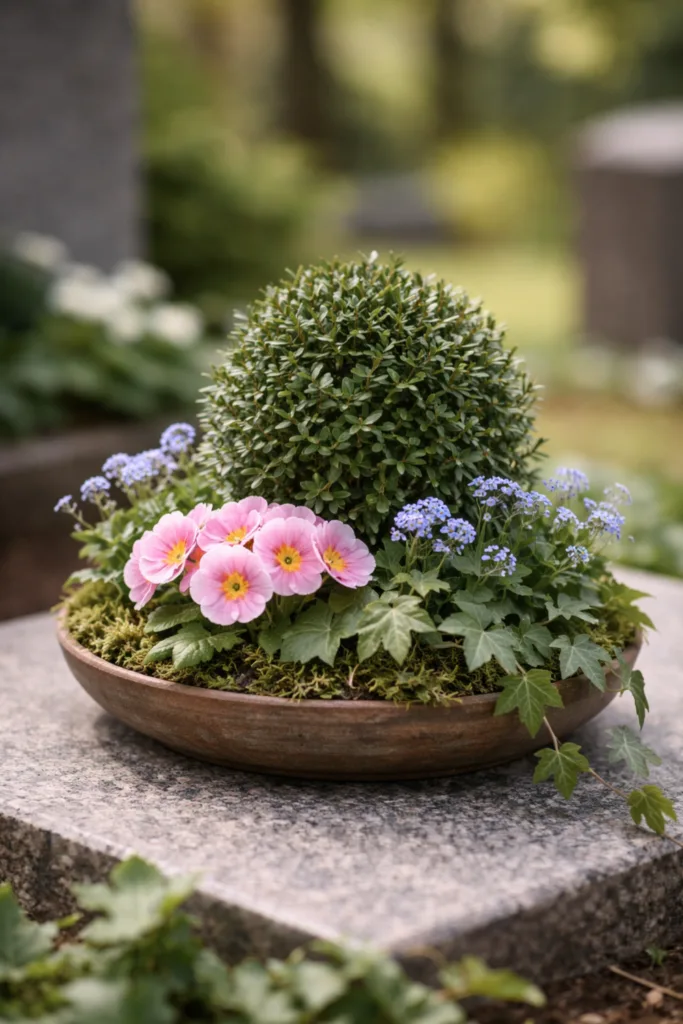 Grabgesteck Frühling mit immergrüner Pflanze, Primeln und Vergissmeinnicht auf Grabplatte arrangiert