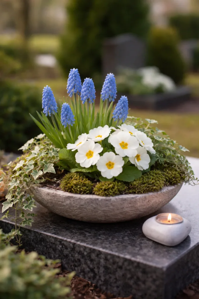Grabgesteck Frühling mit Primeln, Traubenhyazinthen und Moos auf Grabstein arrangiert