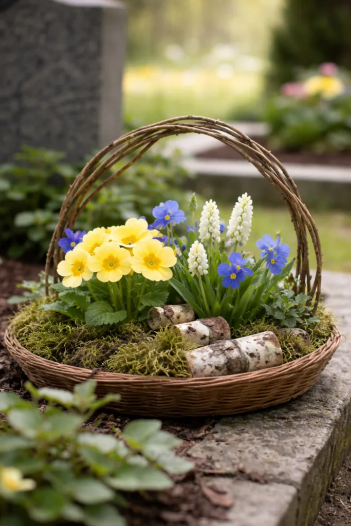 Frühlings Grabgesteck mit Moos, Zweigen und Frühblühern aus Naturmaterialien auf einem gepflegten Grab.