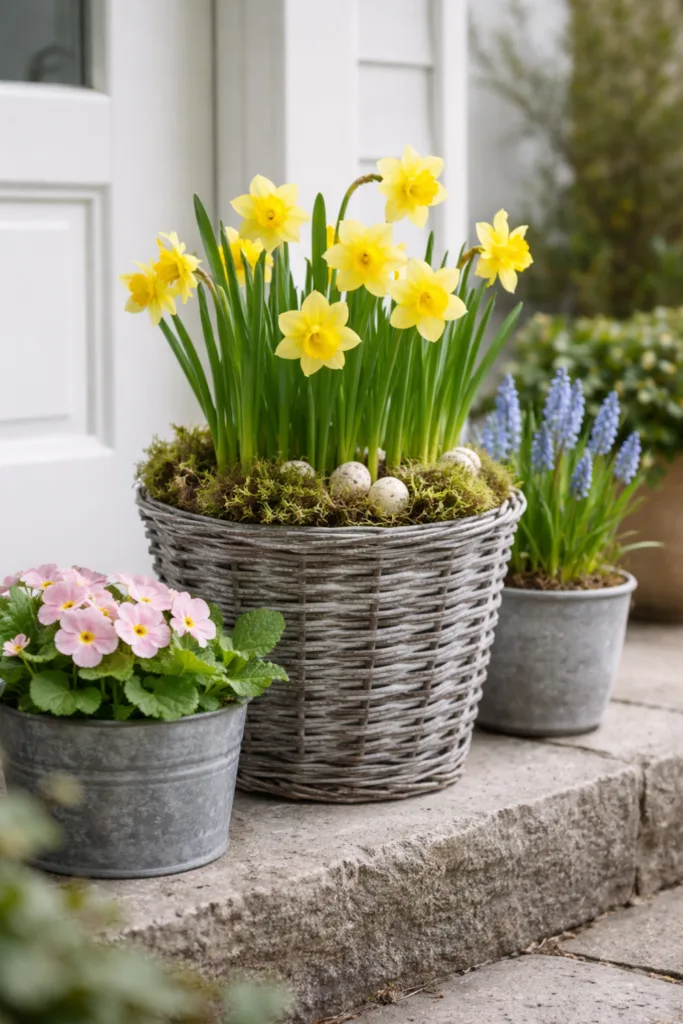 Frühlingsdeko für den Hauseingang: 5 wunderschöne Ideen für März Frühblüher in Töpfen dekorativ arrangiert am Hauseingang im März mit Narzissen und Primeln